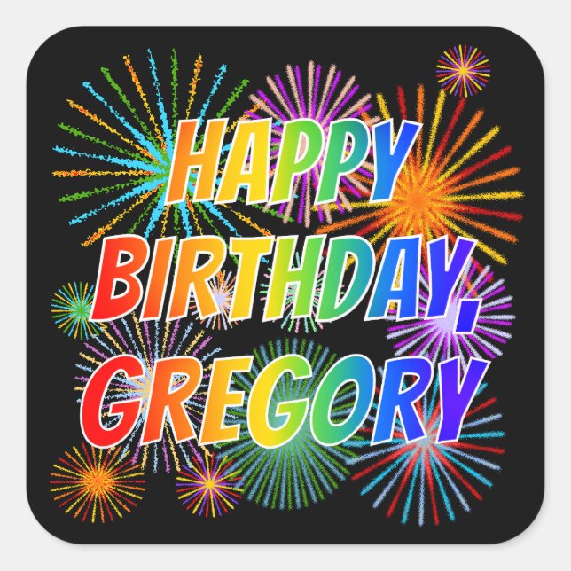 Vorname "GREGORY", Fun "HAPPY BIRTHDAY" Quadratischer Aufkleber (Vorderseite)