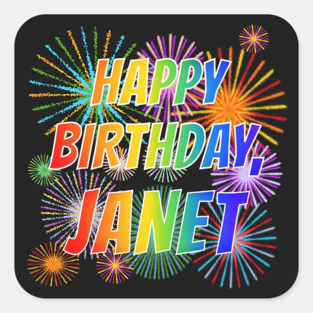 Vorname "JANET", Fun "HAPPY BIRTHDAY" Quadratischer Aufkleber (Vorderseite)