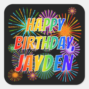 Vorname "JAYDEN", Fun "HAPPY BIRTHDAY" Quadratischer Aufkleber