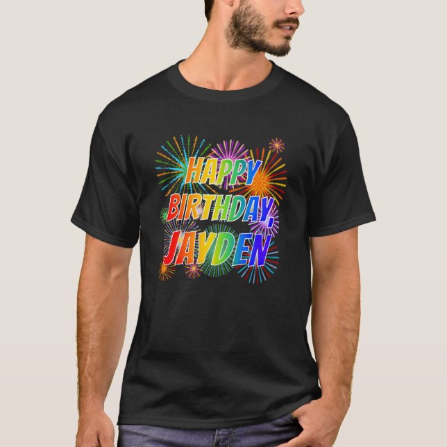 Vorname "JAYDEN", Fun "HAPPY BIRTHDAY" T-Shirt (Vorderseite)
