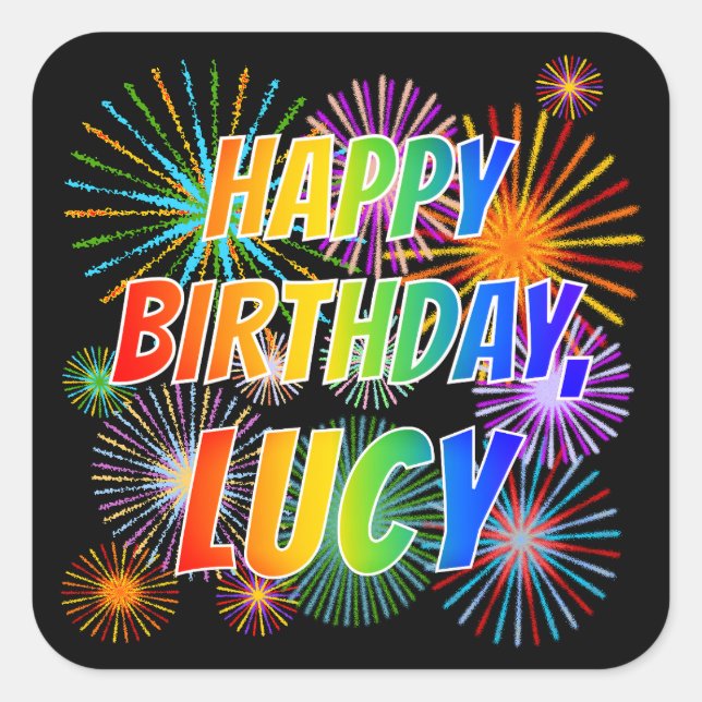 Vorname "LUCY", Fun "HAPPY BIRTHDAY" Quadratischer Aufkleber (Vorderseite)