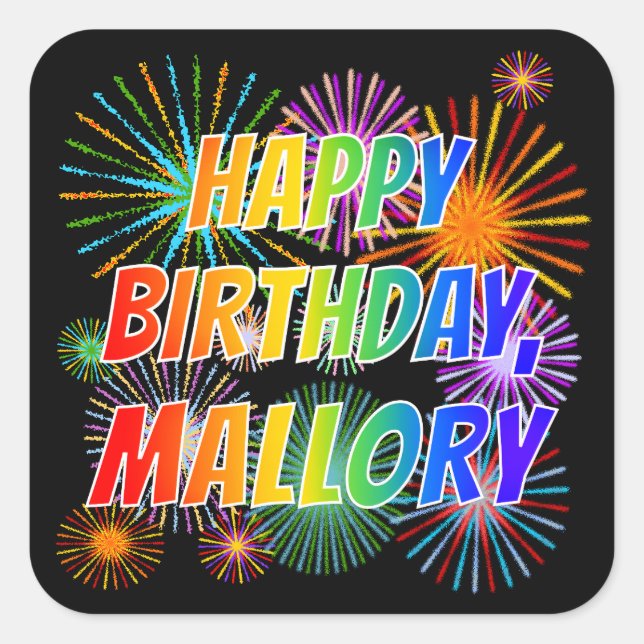 Vorname "MALLORY", Fun "HAPPY BIRTHDAY" Quadratischer Aufkleber (Vorderseite)