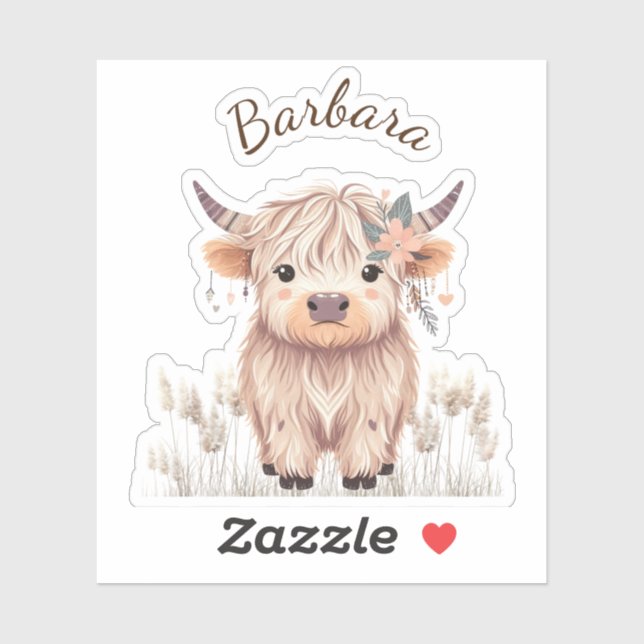 Vorname Niedlich moderne Boho Highland Cow Aufkleber (Blatt)