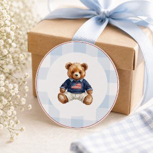 Vornehme Americana-Teddybär Blau Gingham Junge Runder Aufkleber