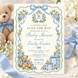 Vornehme blaue Hortensien-Teddybär-Baby-Party Einladung