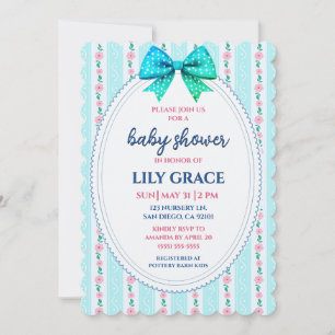 Vornehme blaue Schleife & Florale Babyparty-Einlad Einladung