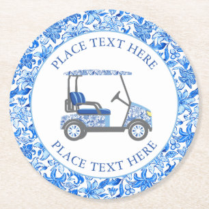 Vornehme blaue und weiße Blumen Golfcart Runder Pappuntersetzer