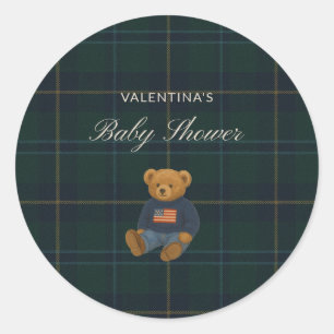 Vornehme Karo-Teddybär-Baby-Shower-Aufkleber Runder Aufkleber