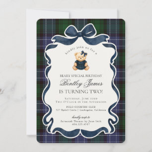 Vornehme Kokette Bär Schleife Tartan Karo Geburtst Einladung