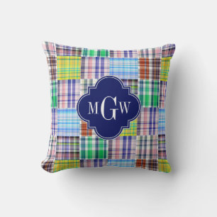 Vornehme Patchwork-Madras-Navy-Quatrefoil-Monogram Kissen