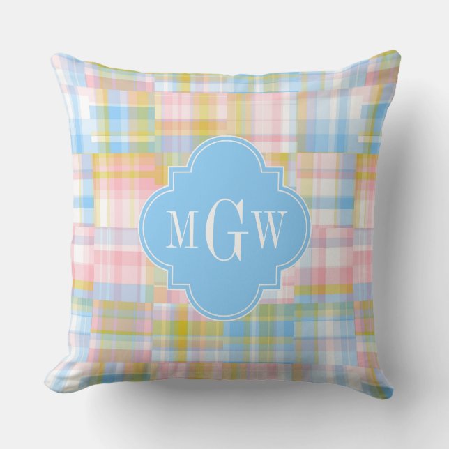Vornehme Patchwork-Madras-Pastell-Vierblatt-Initia Kissen (Vorderseite)