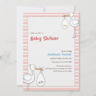Vornehme rosa gestreifte Storch Mädchen Baby-Party Einladung