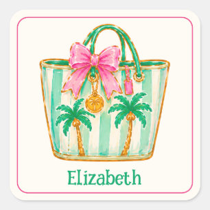 Vornehme rosa und grüne Palm-Beach-Tasche Quadratischer Aufkleber