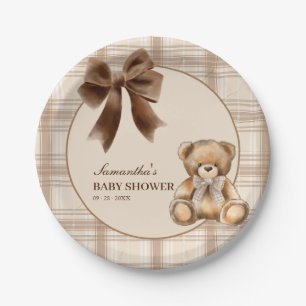 Vornehme Teddybär-Beige-Karierter-Babyparty Pappteller