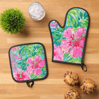 Vornehme tropische Blumen-Ofenhandschuh- und Topfl Ofenhandschuh & Topflappen-Set