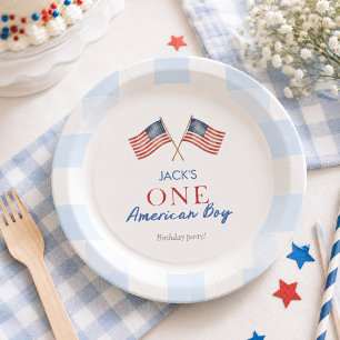 Vornehmer amerikanischer Teddybär Blau Gingham Jun Pappteller