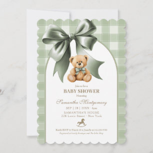 Vornehmer Teddy-Bär Salbeigrün Kariert Baby-Party Einladung