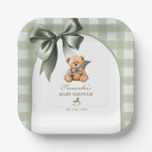 Vornehmer Teddy-Bär Salbeigrün kariert Baby-Party Pappteller