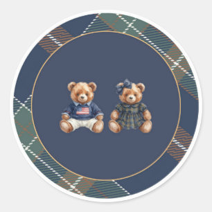 Vornehmer Teddybär-Aufkleber Navy Karo  Runder Aufkleber
