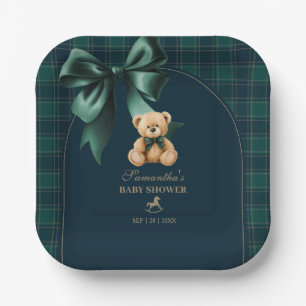 Vornehmer Teddybär, grün kariert, Baby-Party für J Pappteller