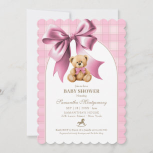 Vornehmer Teddybär Rosa Karo Mädchen Baby Shower Einladung