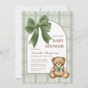 Vornehmer Teddybär Sage Karierter Baby Shower Einl Einladung