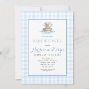 Vornehmes blau kariertes Teddybär-Baby-Shower Einladung