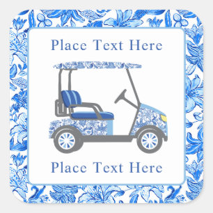 Vornehmes Blau-Weiß-Blumen-Golfcart Quadratischer Aufkleber