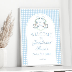 Vornehmes Blaues Schaukelpferd Gingham Baby Jungen Poster