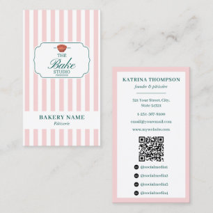 Vornehmes Grün & Rosa Streifen Bäckerei-Logo QR-Co Visitenkarte