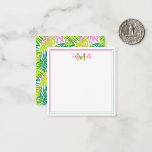 Vornehmes Pink und grüne Palmwedel-Monogramm Mitteilungskarte