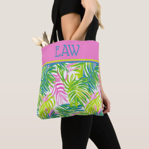 Vornehmes Pink und grüne Palmwedel-Monogramm Tasche