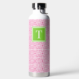 Vornehmes quadratisches Gitter-Monogramm – Rosa & Trinkflasche