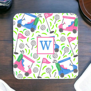 Vornehmes Rosa & Blau Golfwagen Monogramm Golfer Getränkeuntersetzer