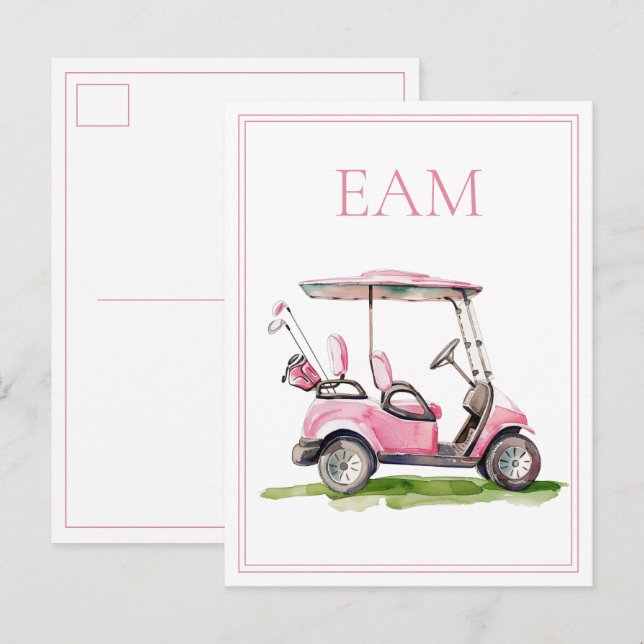 Vornehmes rosa Golfcart-Monogramm Postkarte (Vorne/Hinten)