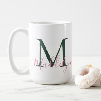 Vornehmes Rosa & Grün Benutzerdefiniertes Initial- Kaffeetasse