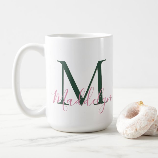 Vornehmes Rosa & Grün Benutzerdefiniertes Initial- Kaffeetasse (Mit Donut)
