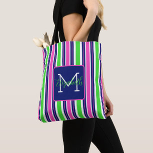 Vornehmes Rosa Grün Marineblau Streifen Monogramm Tasche