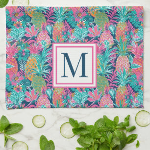Vornehmes Rosa Türkis Marineblau Ananas Monogramm Geschirrtuch