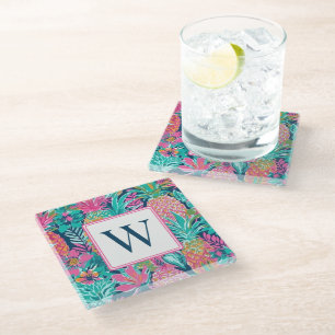 Vornehmes Rosa Türkis Marineblau Ananas Monogramm Glasuntersetzer