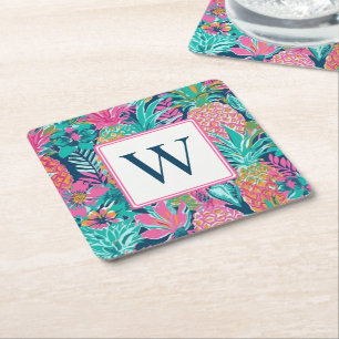 Vornehmes Rosa Türkis Marineblau Ananas Monogramm Rechteckiger Pappuntersetzer