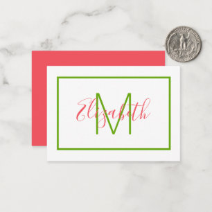 Vornehmes rosa und grünes Monogramm Mitteilungskarte