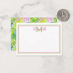 Vornehmes rosa und grünes Palmwedel-Monogramm Mitteilungskarte