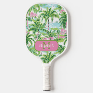 Vornehmes Rosa und Grünes Tropisches Palmen Monogr Pickleball Schläger