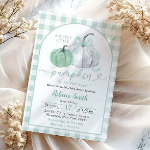 Vornehmes Salbeigrün-Gingham-Kürbis-Baby-Shower Einladung