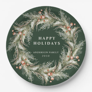 Vornehmes Smaragdgrünes Kranz Happy Holidays Pappteller