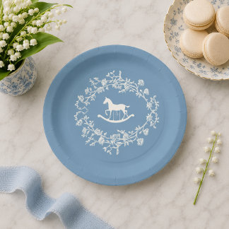 Vornehmes Wedgewood-Blau Schaukelpferd Baby Shower Pappteller