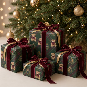 Vorpompff-Tartan-Teddybär-Burgunder-Schleife-Weihn Geschenkpapier