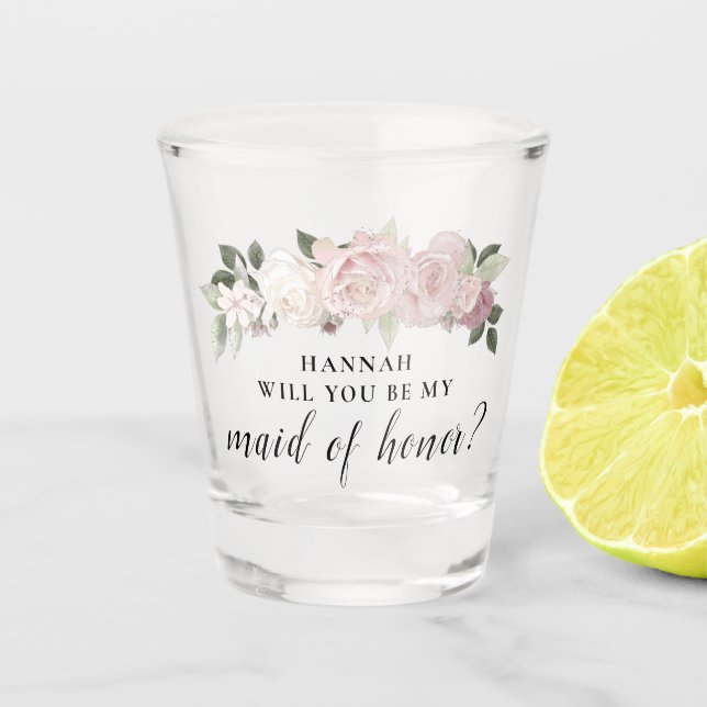 Vorschlag für eine Trauzeugin mit rosa Blütenblätt Schnapsglas (Vorderseite)