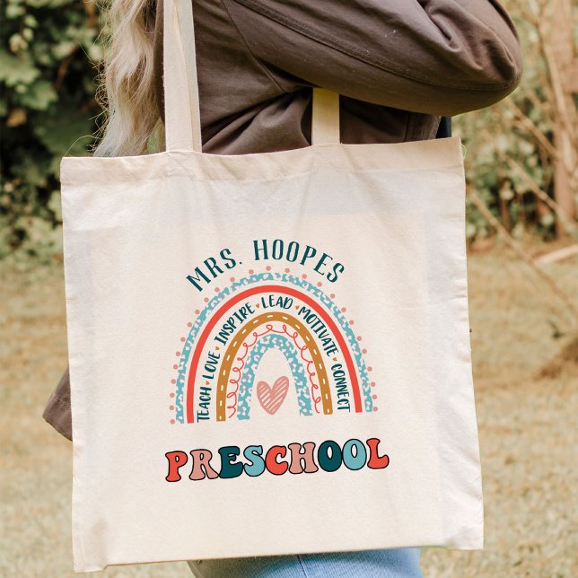 Vorschule Boho Rainbow Herz Personalisiert Lehrer Tragetasche (Von Creator hochgeladen)